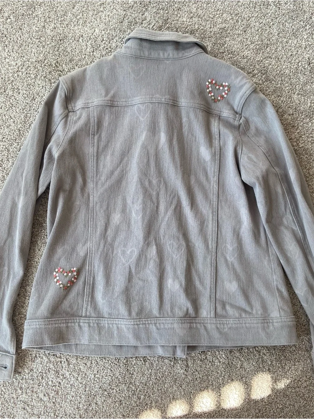 Coldwater Creek Embroidered Floral Heart Knit Denim Jacket Gray Sz M